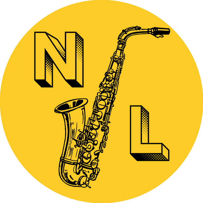 The New Jazz Listener logo. It's a circle with a yellow background. In the foreground are the letters "N" and "L" with an image of a saxophone between them in place of a letter "J".